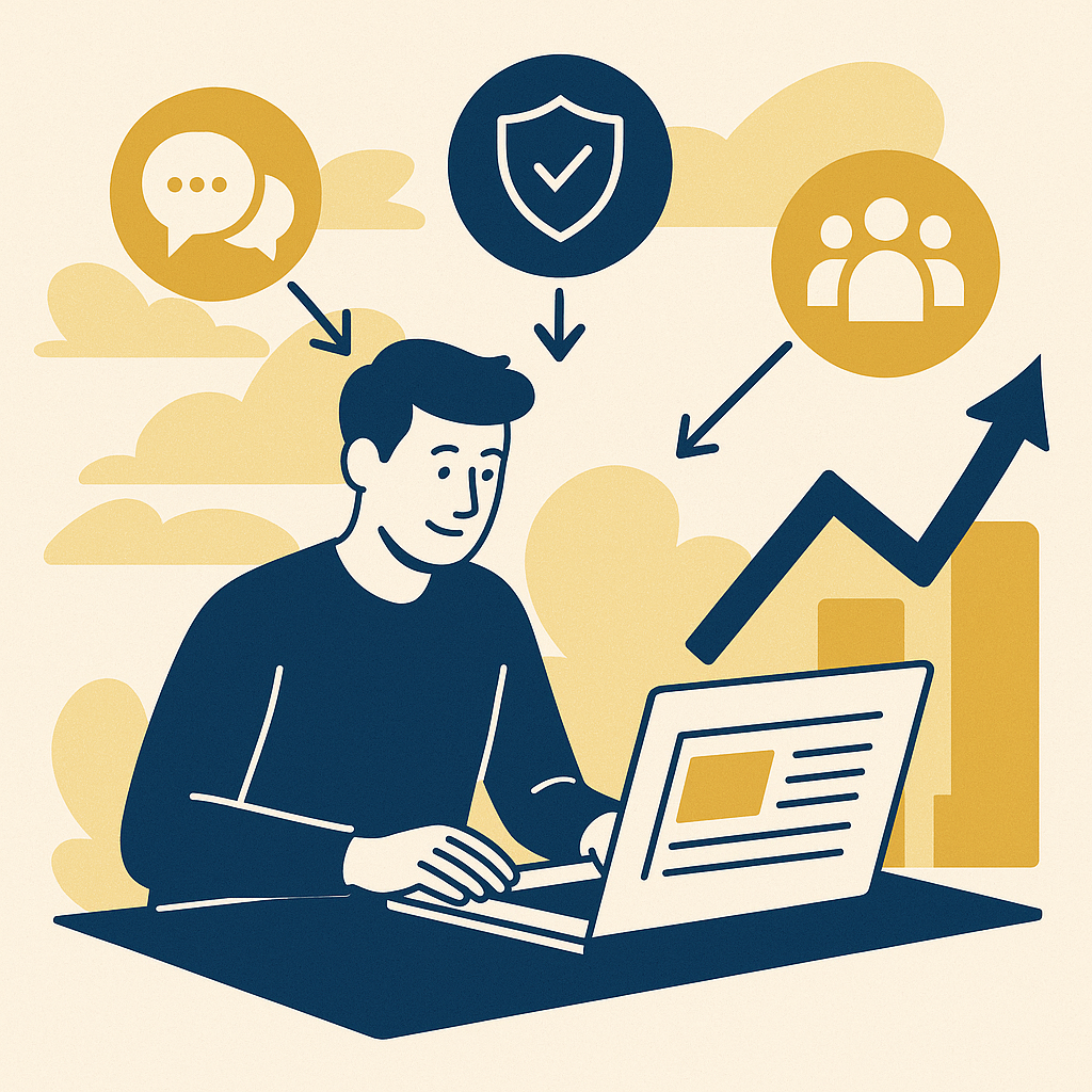 illustration montrant une personne qui écrit et partage un article depuis un ordinateur